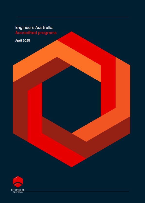 Navy background with small white text reading 'Engineers Australia accredited programs April 2025' with a large orange and red hexagonal shape in the middle of the page