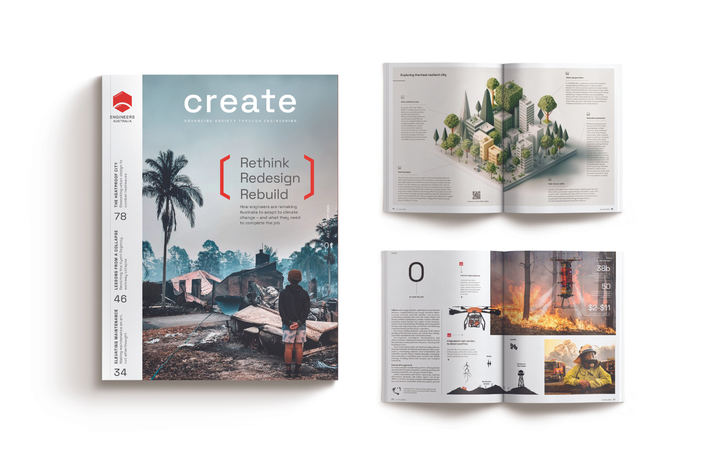 magazine pages laid out across a white background